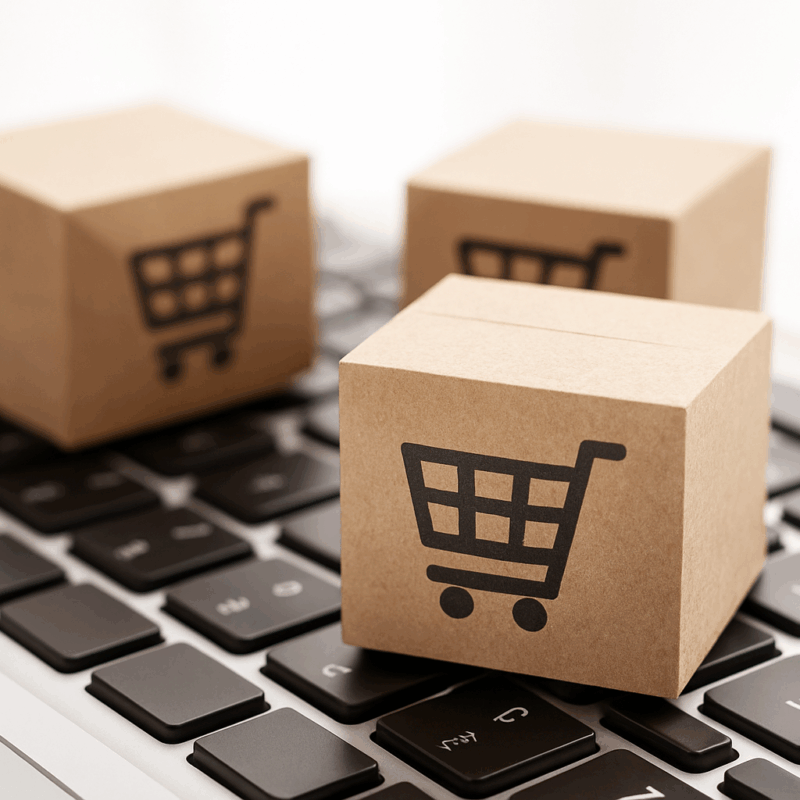 Trzy kartonowe pudełka z symbolem koszyka stojące na klawiaturze laptopa, symbolizujące cyfrową obsługę zamówień w portalu B2B zintegrowanym z systemem ERP.