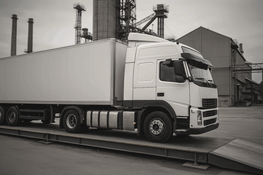 Ciężarówka stojąca na wadze samochodowej na terenie zakładu przemysłowego