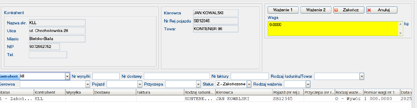 Zrzut ekranu przedstawiający moduł rejestru ważeń w systemie KLL-ERP