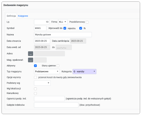 Formularz dodawania nowego magazynu w systemie KLL-ERP