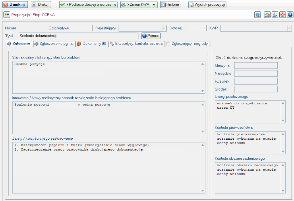Formularz oceny wniosku przez kierownika w module KAIZEN w systemie KLL-ERP.