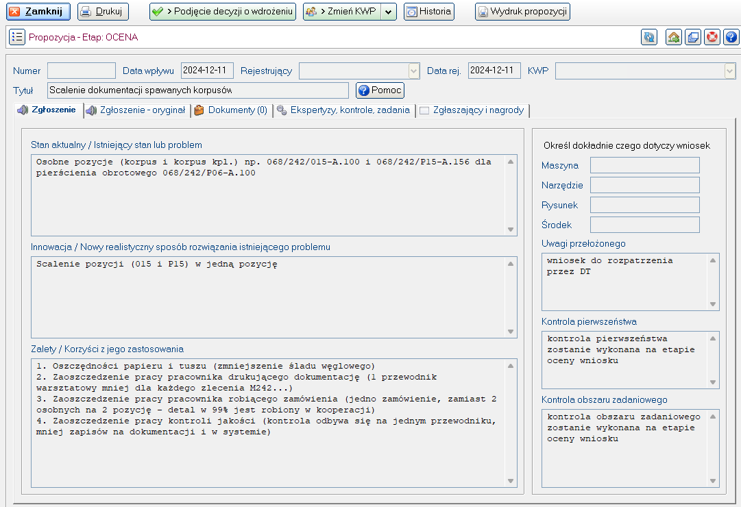 Formularz oceny wniosku przez kierownika w module KAIZEN w systemie KLL-ERP.