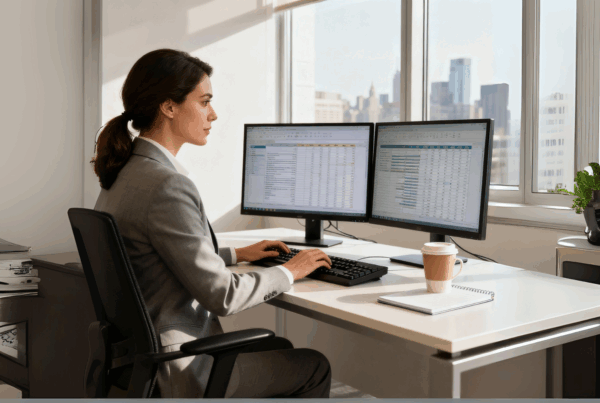 Analityk sprzedaży pracujący na dwóch monitorach z raportami w systemie ERP