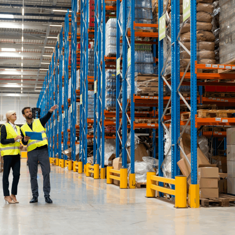 Dwóch pracowników przeprowadza inwentaryzację magazynową z użyciem terminali i arkuszy spisowych