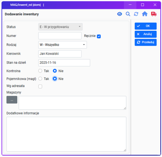 Formularz dodania nowej inwentaryzacji w KLL-ERP z polami wyboru magazynu, daty i zakresu spisu, itd.