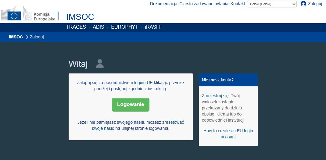 Zrzut ekranu z systemu TRACES
