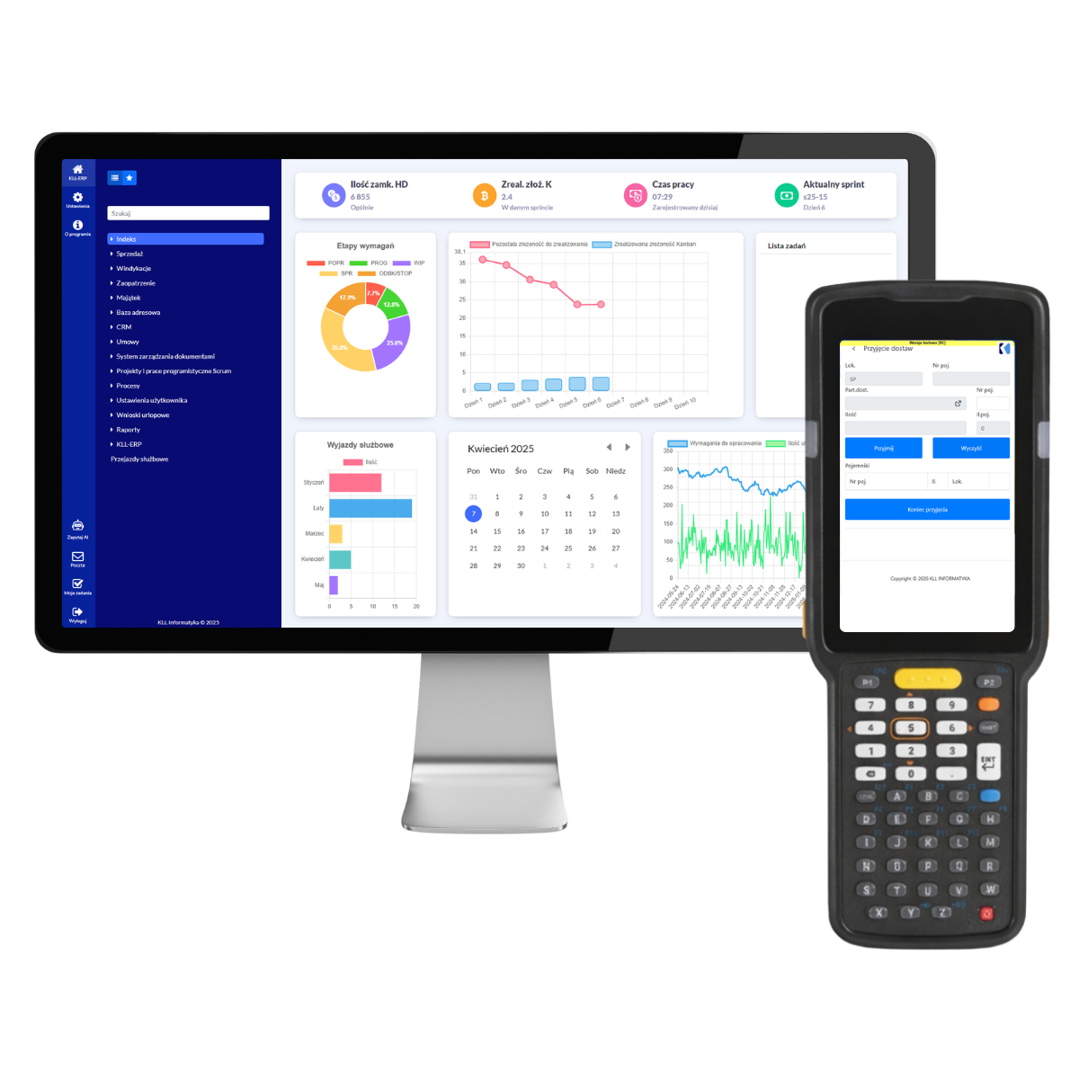 Wizualizacja systemu KLL-ERP na komputerze oraz teminalu mobilnym