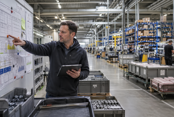 Inżynier produkcji analizuje dane planistyczne na hali produkcyjnej, wskazując obszary związane z brakami materiałowymi i organizacją produkcji.