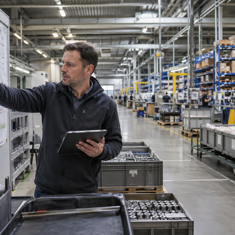 Inżynier produkcji analizuje dane planistyczne na hali produkcyjnej, wskazując obszary związane z brakami materiałowymi i organizacją produkcji.